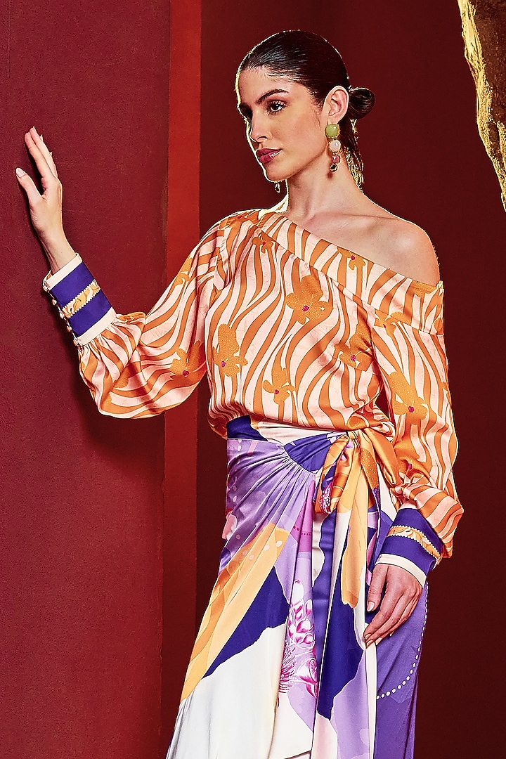 Purple Satin Printed Wrap-Around Skirt Set by Mandira Wirk - Resort at Pernia's Pop Up Shop