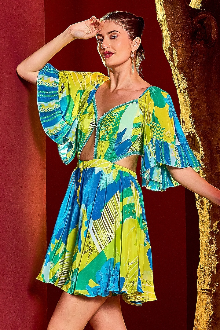 Green & Blue Viscose Crepe Printed Romper by Mandira Wirk - Resort at Pernia's Pop Up Shop