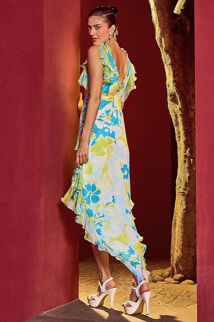 Lime Green Chiffon Printed High-Low Vacation Dress by Mandira Wirk - Resort at Pernia's Pop Up Shop