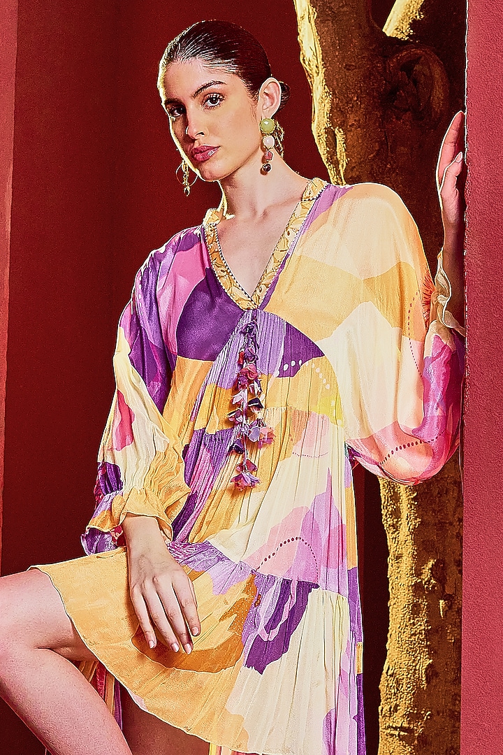 Purple & Orange Chiffon Printed Kaftan Vacation Dress by Mandira Wirk - Resort at Pernia's Pop Up Shop