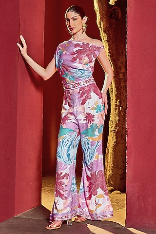 Multi-Colored Sequins Floral Printed One-Shoulder Jumpsuit by Mandira Wirk - Resort