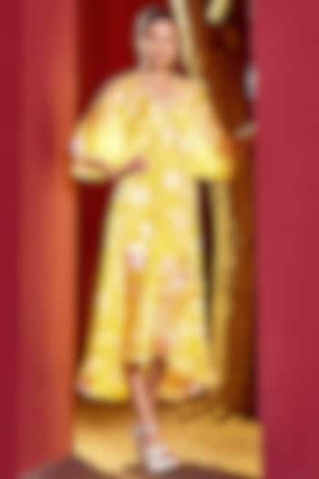 Yellow Chiffon Printed Kaftan Dress by Mandira Wirk at Pernia's Pop Up Shop