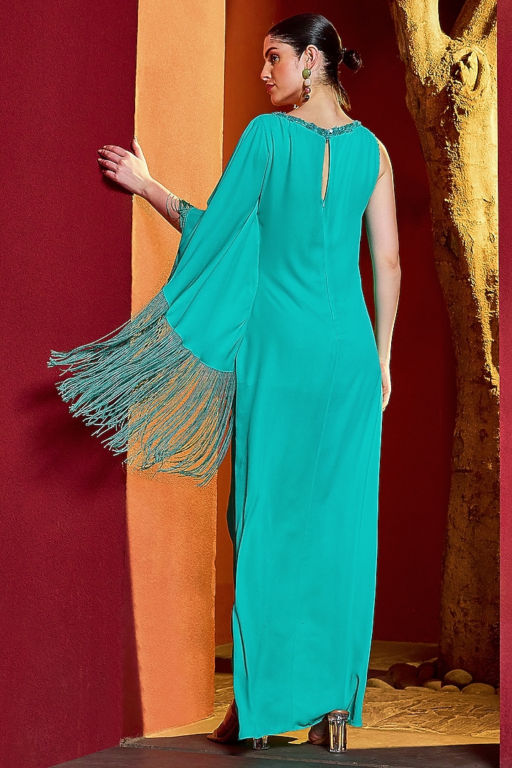 Turquoise Georgette Maxi Cocktail Dress by Mandira Wirk - Resort at Pernia's Pop Up Shop