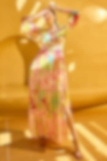 Neon Yellow & Pink Chiffon Printed Maxi Dress by Mandira Wirk at Pernia's Pop Up Shop