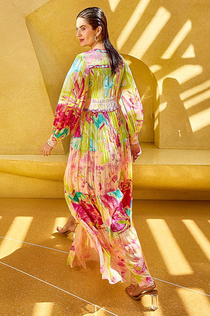 Neon Yellow & Pink Chiffon Printed Maxi Cocktail Dress by Mandira Wirk - Resort at Pernia's Pop Up Shop