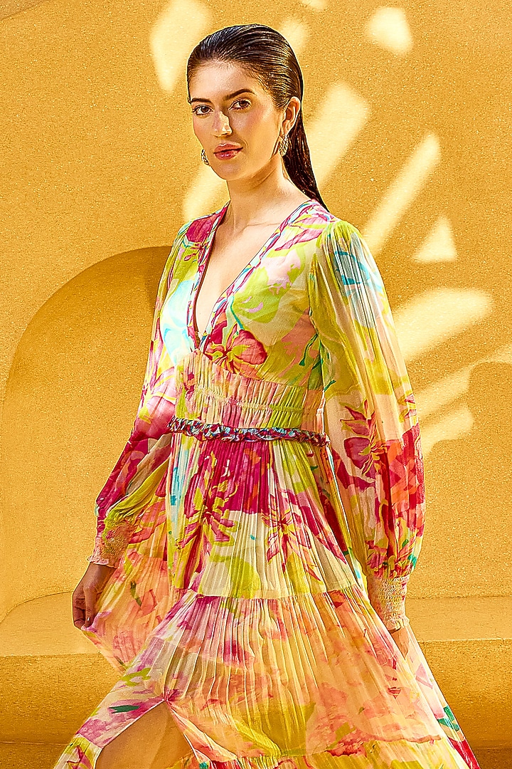 Neon Yellow & Pink Chiffon Printed Maxi Cocktail Dress by Mandira Wirk - Resort at Pernia's Pop Up Shop