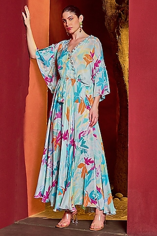 Light Blue Chiffon Printed Kaftan Dress by Mandira Wirk - Resort