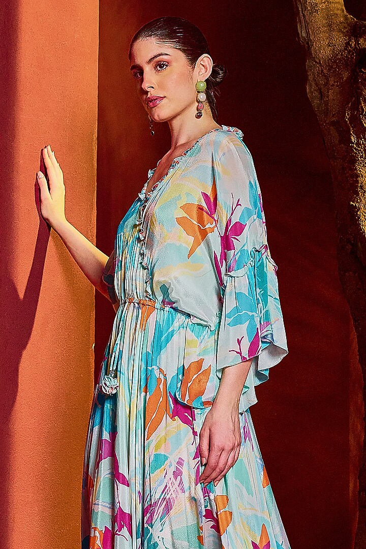 Light Blue Chiffon Printed Kaftan Vacation Dress by Mandira Wirk - Resort at Pernia's Pop Up Shop