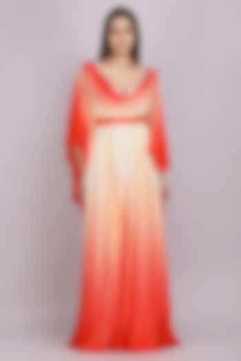 Red & Beige Chiffon Ombre Gown by Mandira Wirk - Resort at Pernia's Pop Up Shop