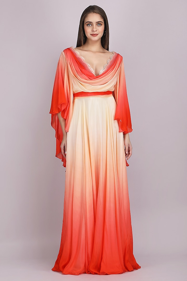 Red & Beige Chiffon Ombre Gown by Mandira Wirk - Resort at Pernia's Pop Up Shop