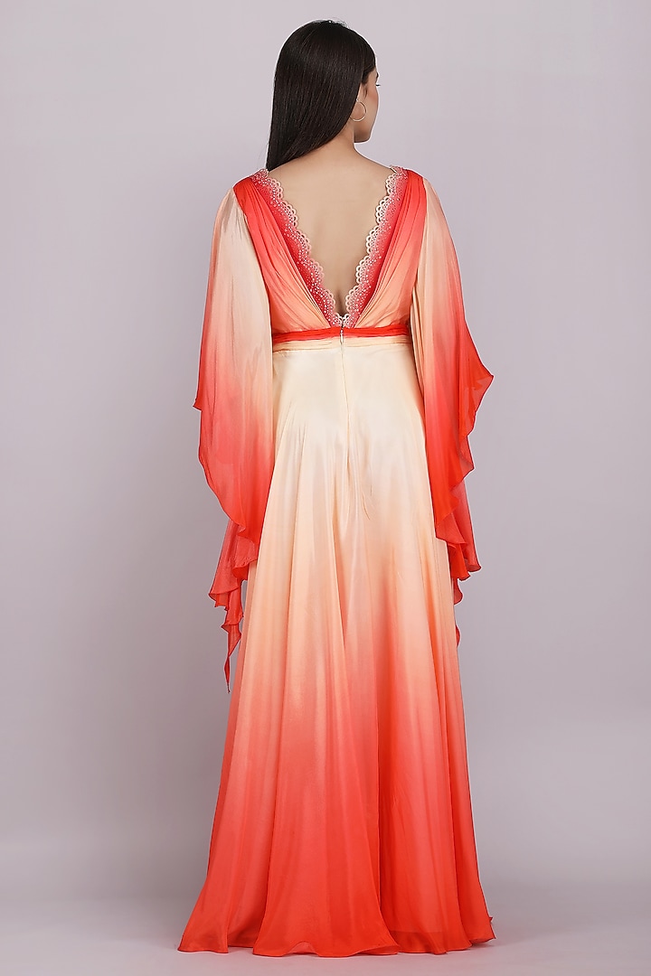 Red & Beige Chiffon Ombre Engagement Gown by Mandira Wirk - Resort at Pernia's Pop Up Shop