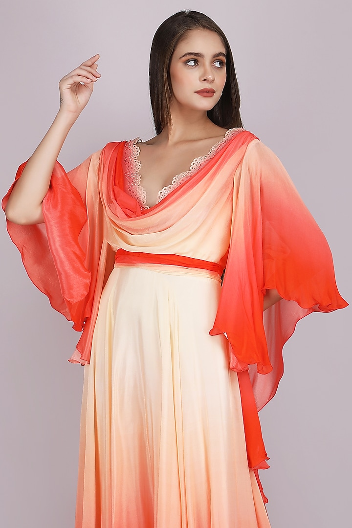 Red & Beige Chiffon Ombre Engagement Gown by Mandira Wirk - Resort at Pernia's Pop Up Shop