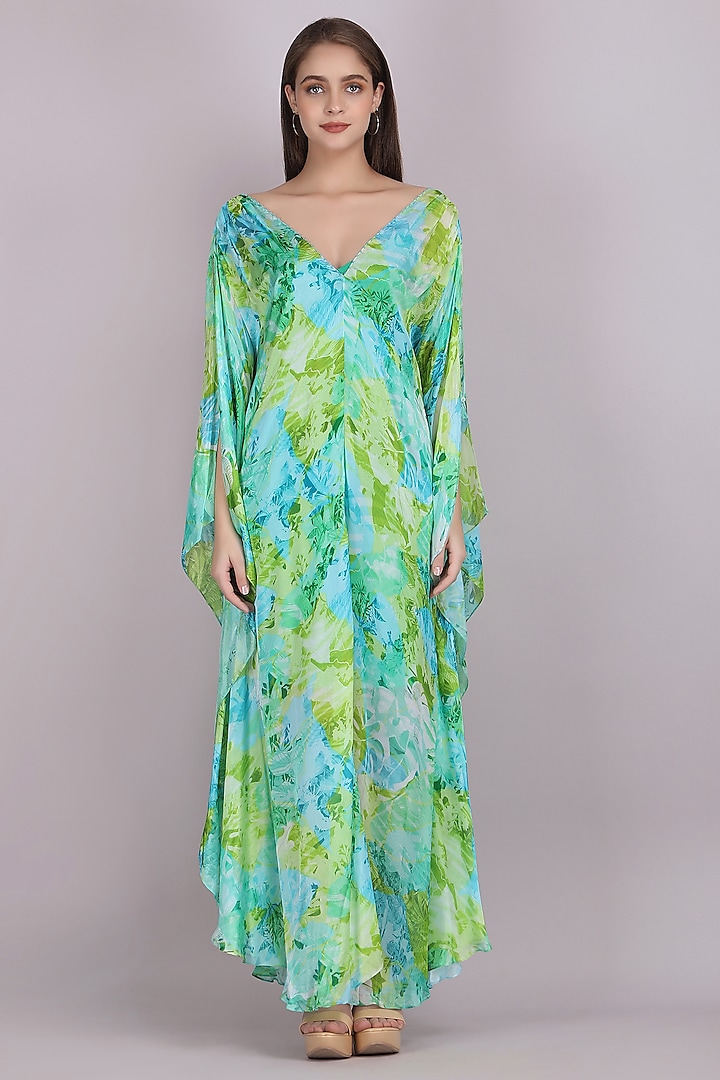 Green Chiffon Tropical Printed Kaftan by Mandira Wirk at Pernia's Pop Up Shop