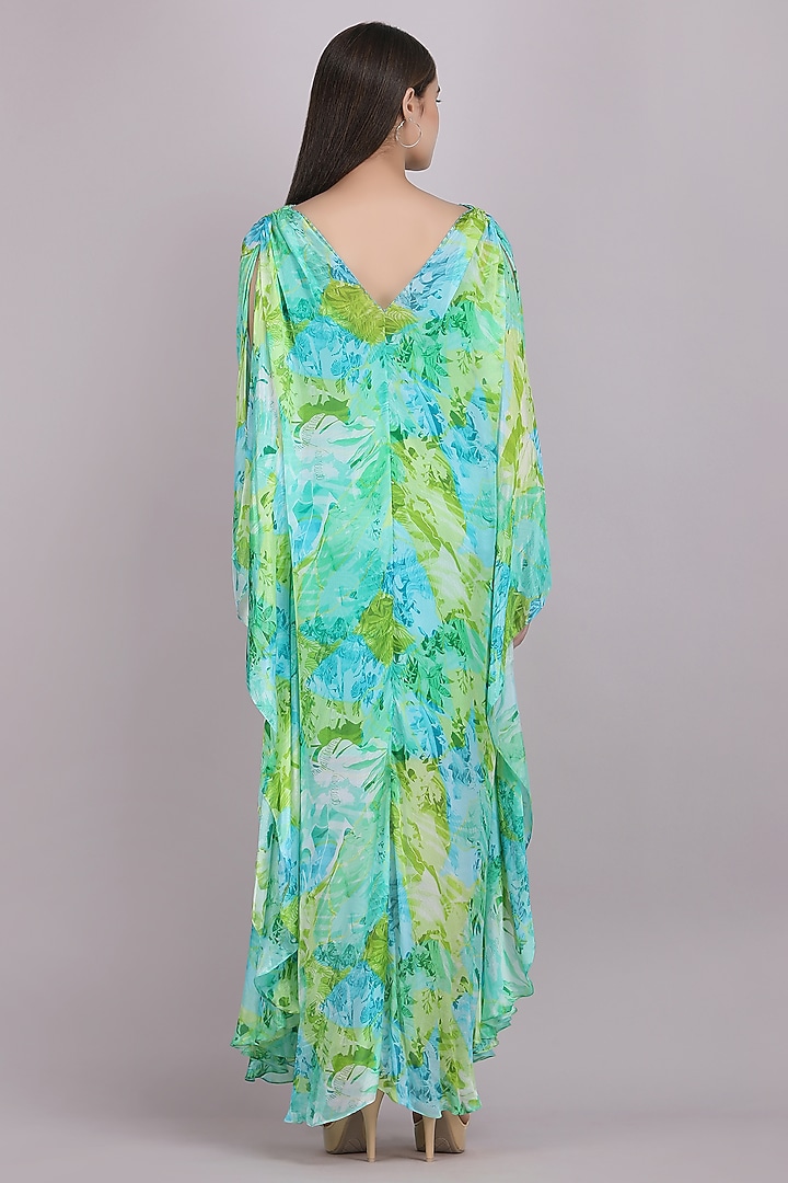 Green Chiffon Tropical Printed Kaftan by Mandira Wirk - Resort at Pernia's Pop Up Shop
