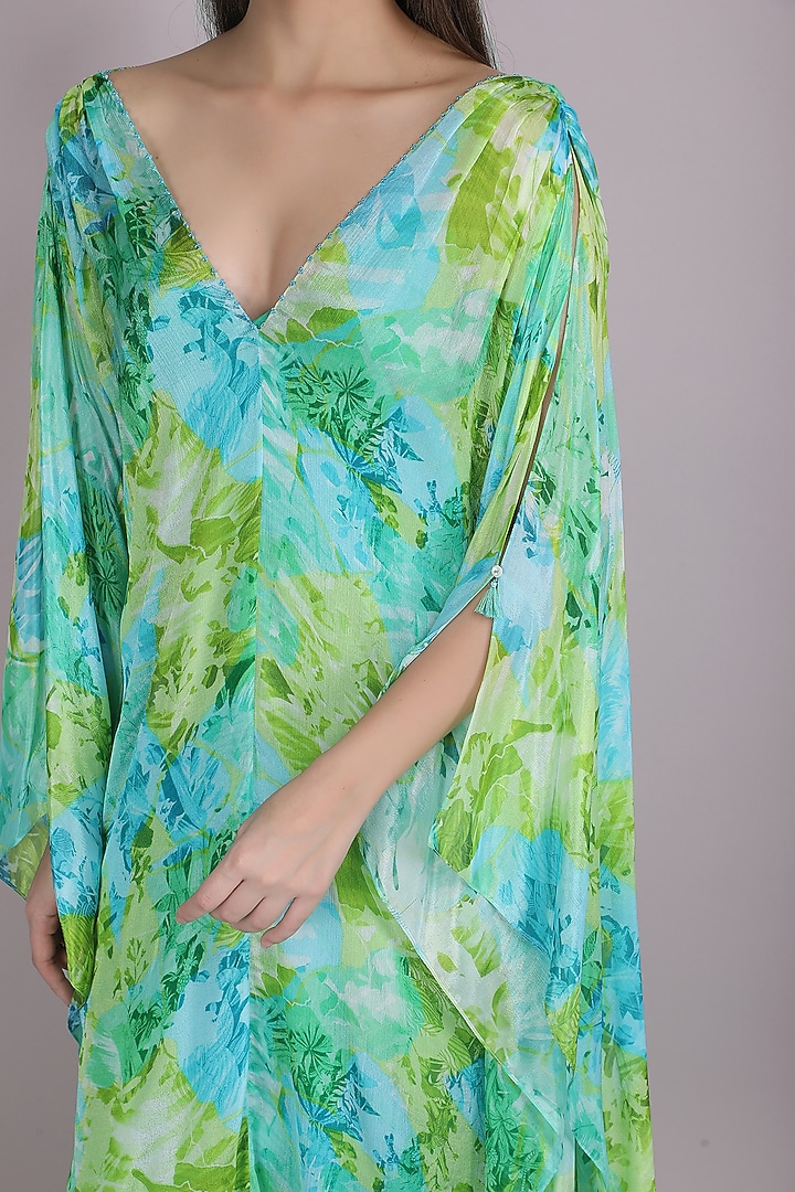 Green Chiffon Tropical Printed Kaftan by Mandira Wirk - Resort at Pernia's Pop Up Shop