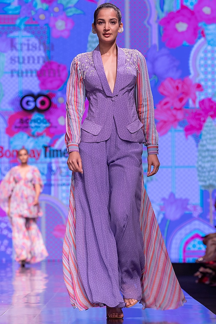 Lavender Crepe & Georgette Blazer Set by Krisha Sunny Ramani