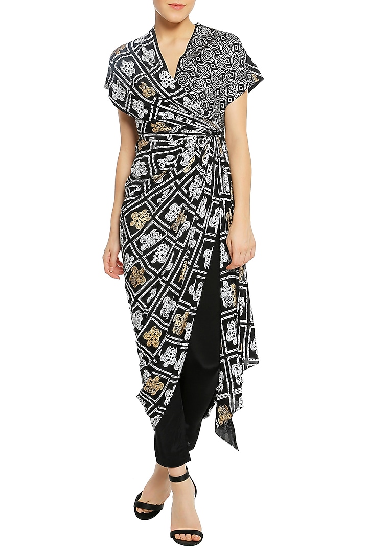 Black printed wrap tunic with pencil pants available only at Pernia's Pop Up Shop.