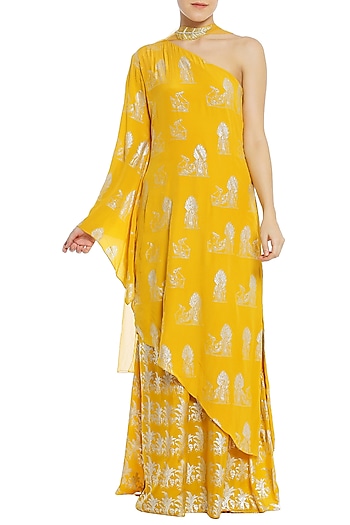 Yellow printed one shoulder asymmetrical tunic with palazzo pants set ...