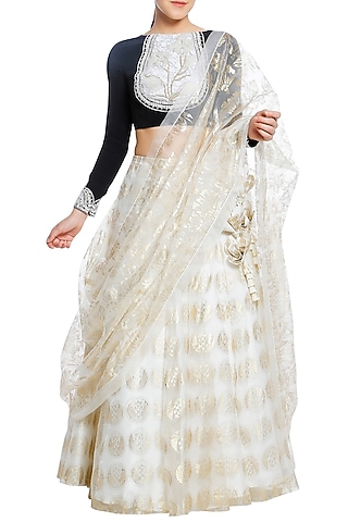 Black Embroidered Blouse with Ivory Printed Lehenga Set by Masaba