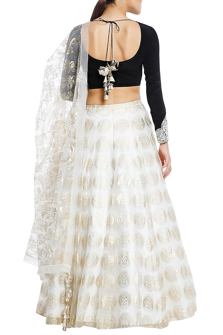 Black embroidered blouse with ivory printed lehenga set available only at Pernia's Pop Up Shop.