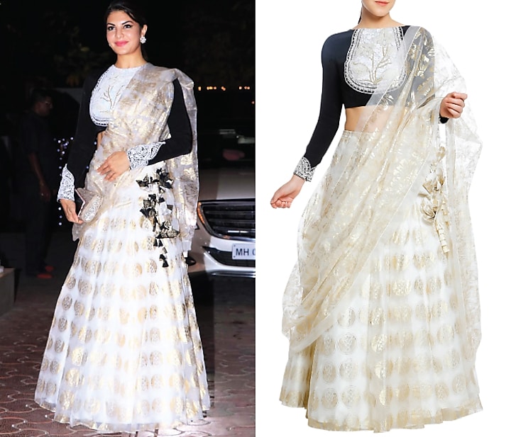 Black embroidered blouse with ivory printed lehenga set available only at Pernia's Pop Up Shop.