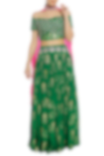 Green and Fuschia Pink Printed and Embroidered Lehenga Set by Masaba