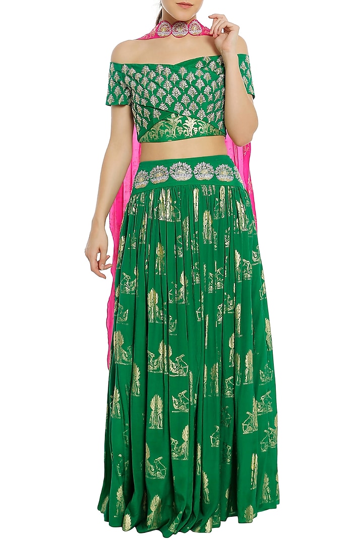 Green and Fuschia Pink Printed and Embroidered Lehenga Set by Masaba