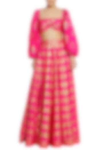 Fuschia Pink Printed Lehenga Skirt with Bustier and Shrug by Masaba