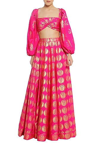 Fuschia Pink Printed Lehenga Skirt with Bustier and Shrug by Masaba