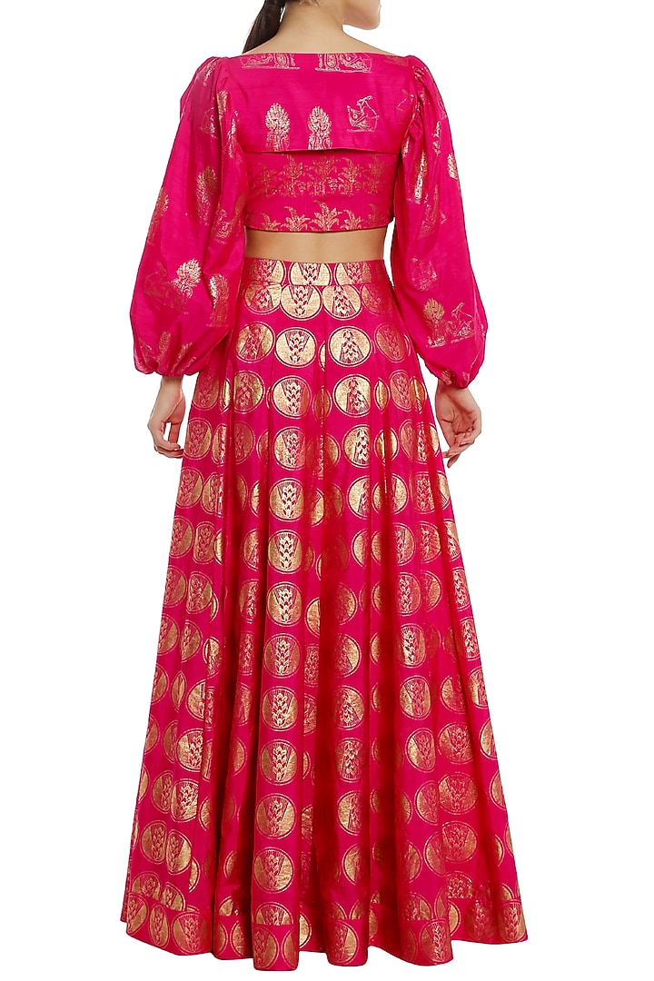 Fuschia pink printed lehenga skirt with bustier and shrug available only at Pernia's Pop Up Shop.