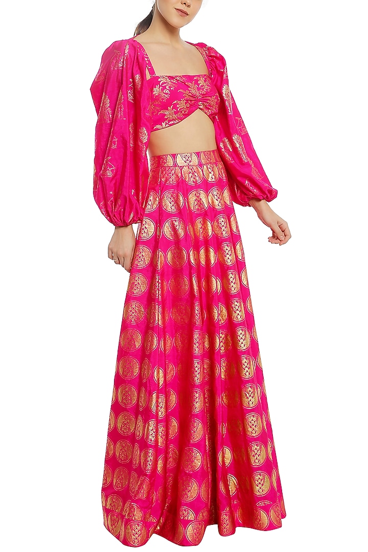 Fuschia pink printed lehenga skirt with bustier and shrug available only at Pernia's Pop Up Shop.