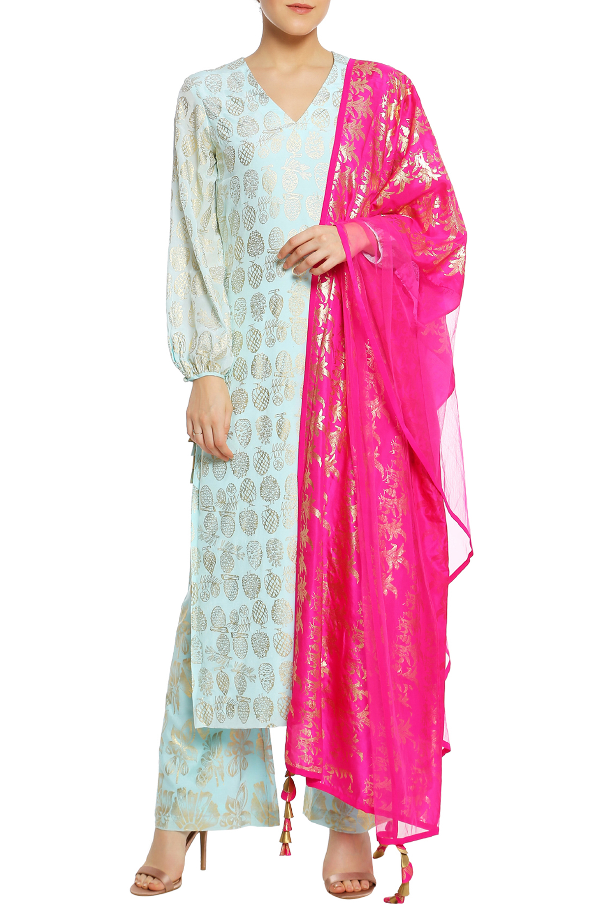 Ice Blue and Fuschia Pink Printed Kurta Set by Masaba