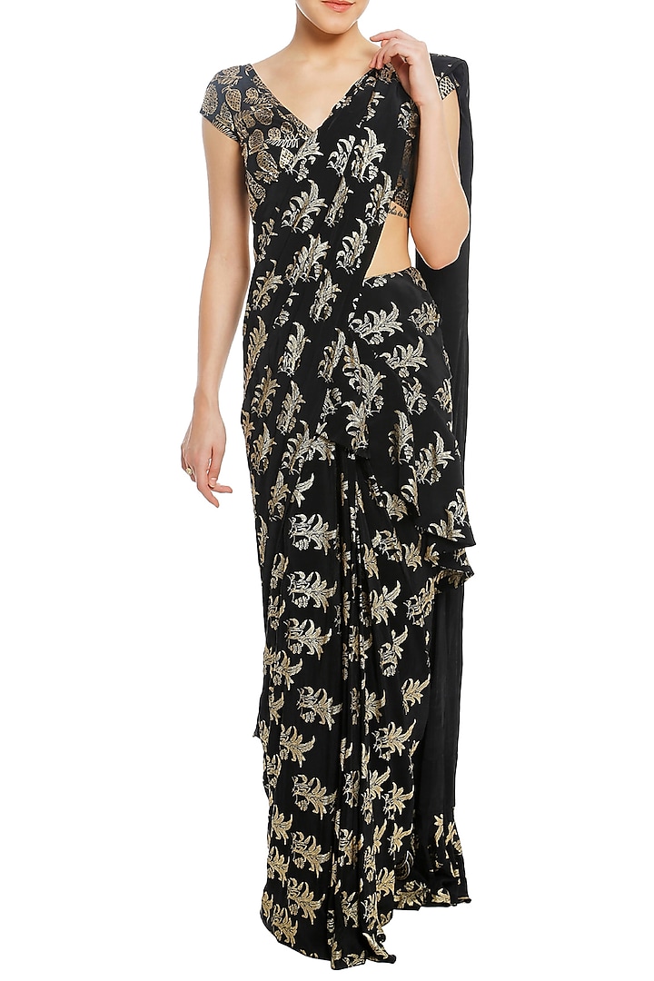 Black Pre-Stitched Ruffles Printed Saree with Blouse Piece by Masaba