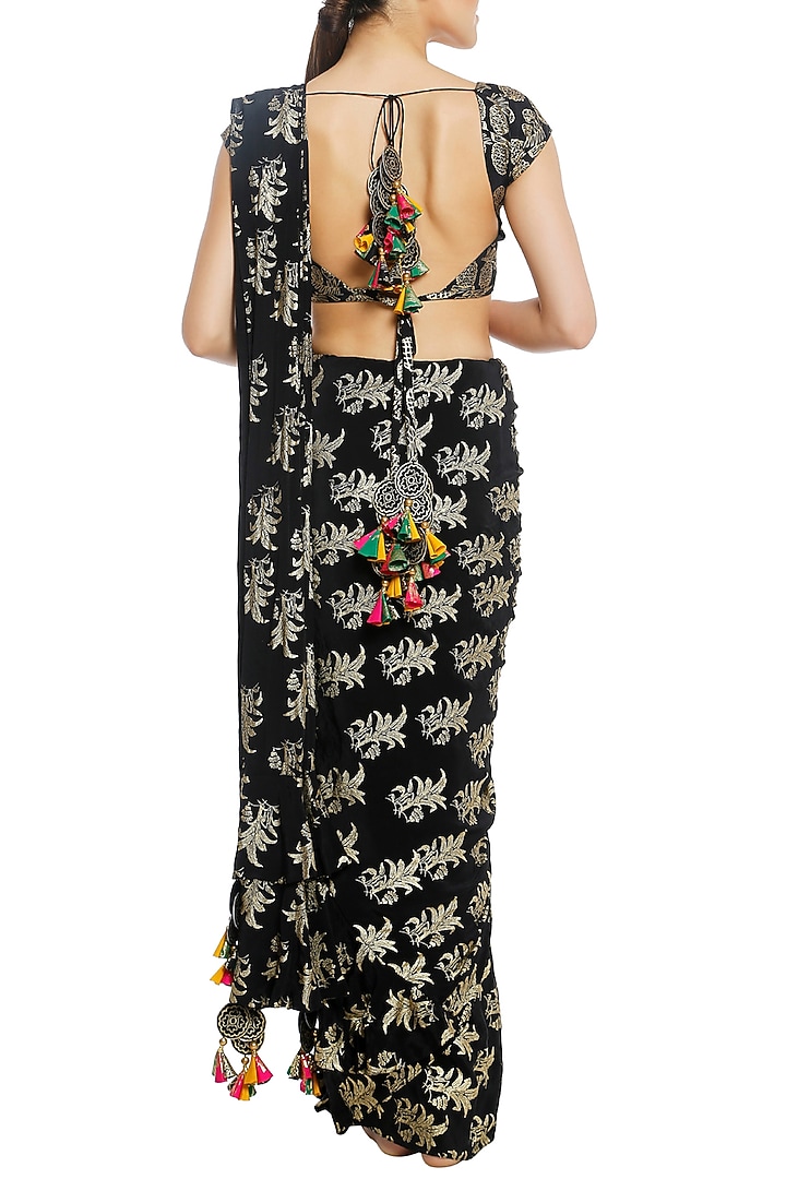 Black pre-stitched ruffles printed saree with blouse piece available only at Pernia's Pop Up Shop.