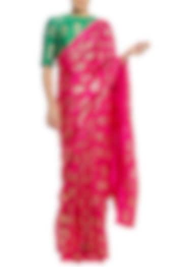 Fuschia Pink Printed Saree with Green Blouse Piece by Masaba