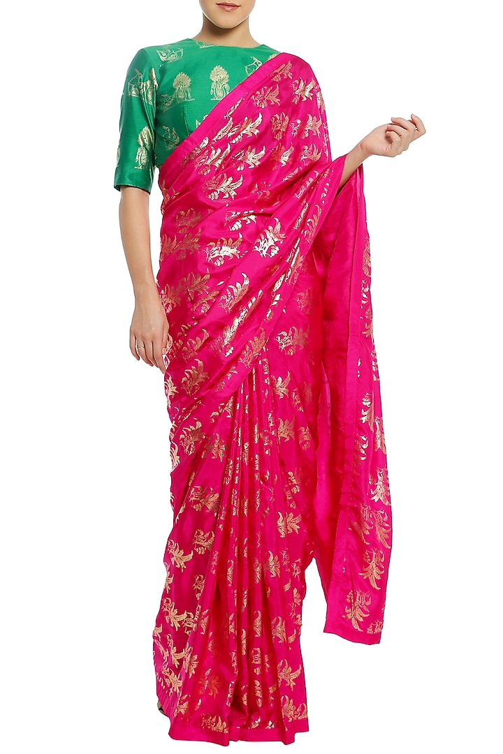 Fuschia Pink Printed Saree with Green Blouse Piece by Masaba