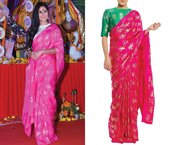 Fuschia pink printed saree with green blouse piece available only at Pernia's Pop Up Shop.