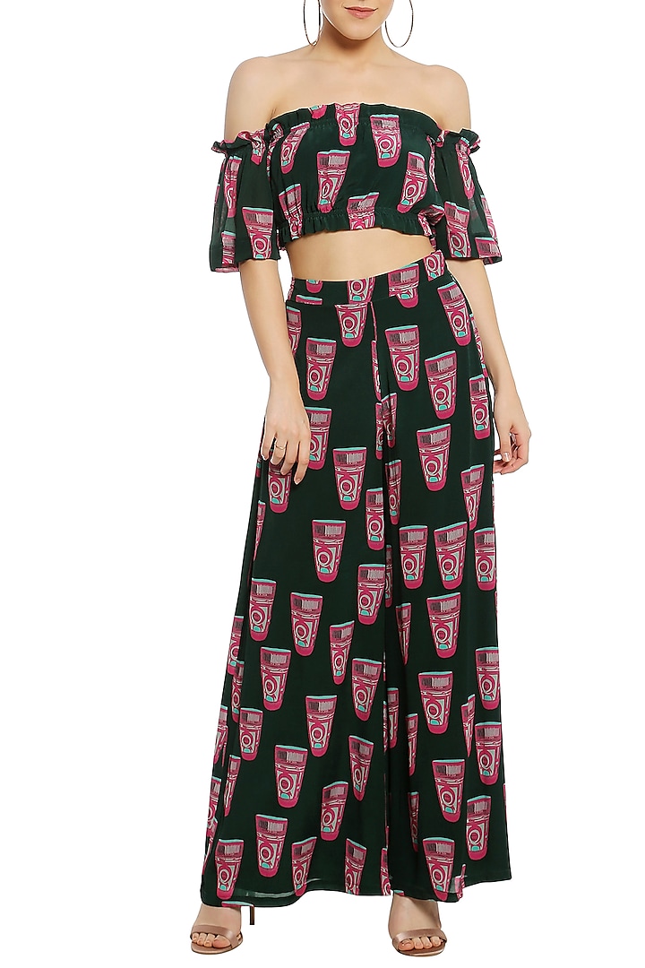 Green Off Shoulder Printed Crop Top with Palazzo Pants by Masaba