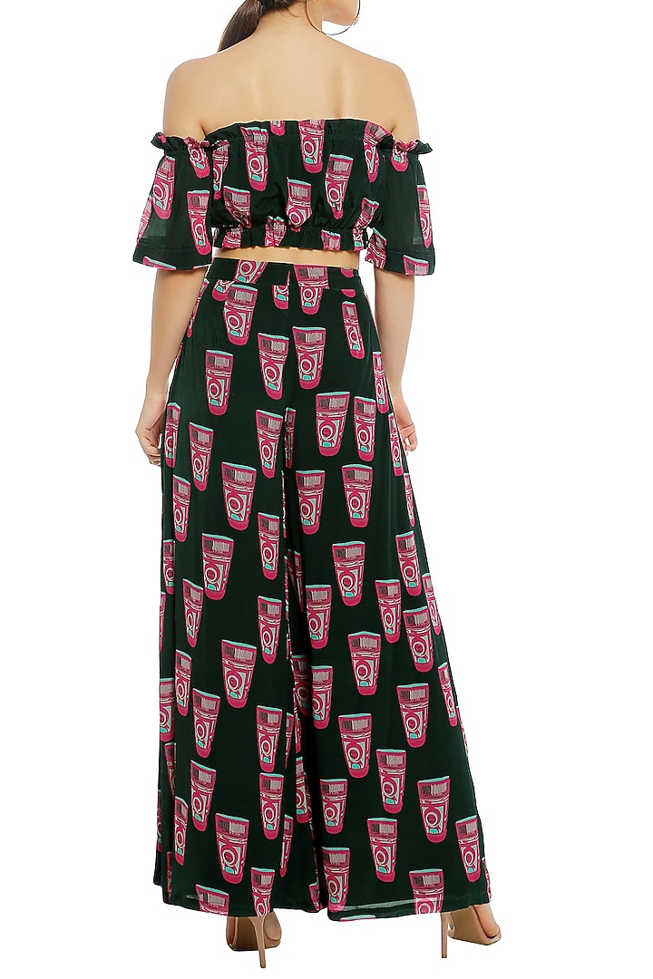 Green off shoulder printed crop top with palazzo pants available only at Pernia's Pop Up Shop.