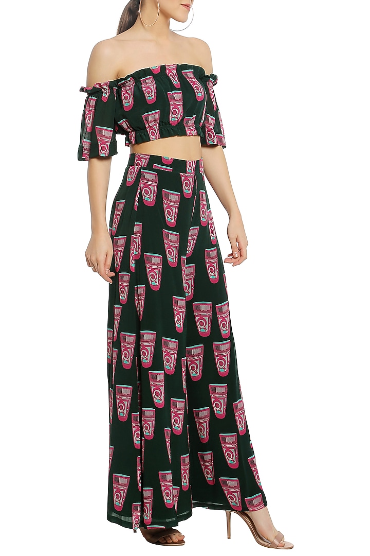 Green off shoulder printed crop top with palazzo pants available only at Pernia's Pop Up Shop.