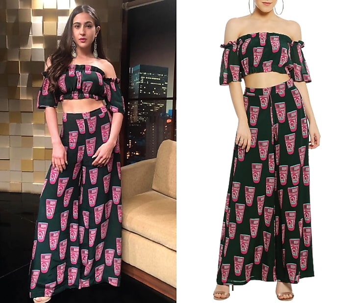 Green off shoulder printed crop top with palazzo pants available only at Pernia's Pop Up Shop.