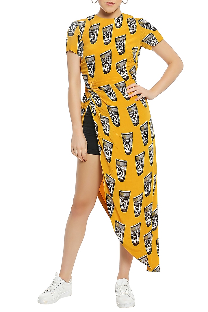 Yellow Asymmetrical Ruched Printed Top by Masaba