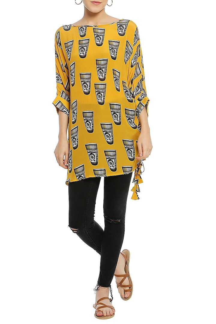 Yellow Ruched Printed Tunic by Masaba