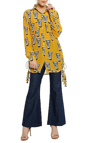 Yellow Printed Double Pocket Shirt by Masaba