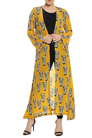 Yellow Printed Front Open Jacket by Masaba