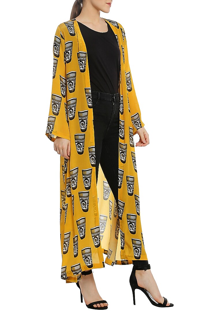 Yellow printed front open jacket available only at Pernia's Pop Up Shop.