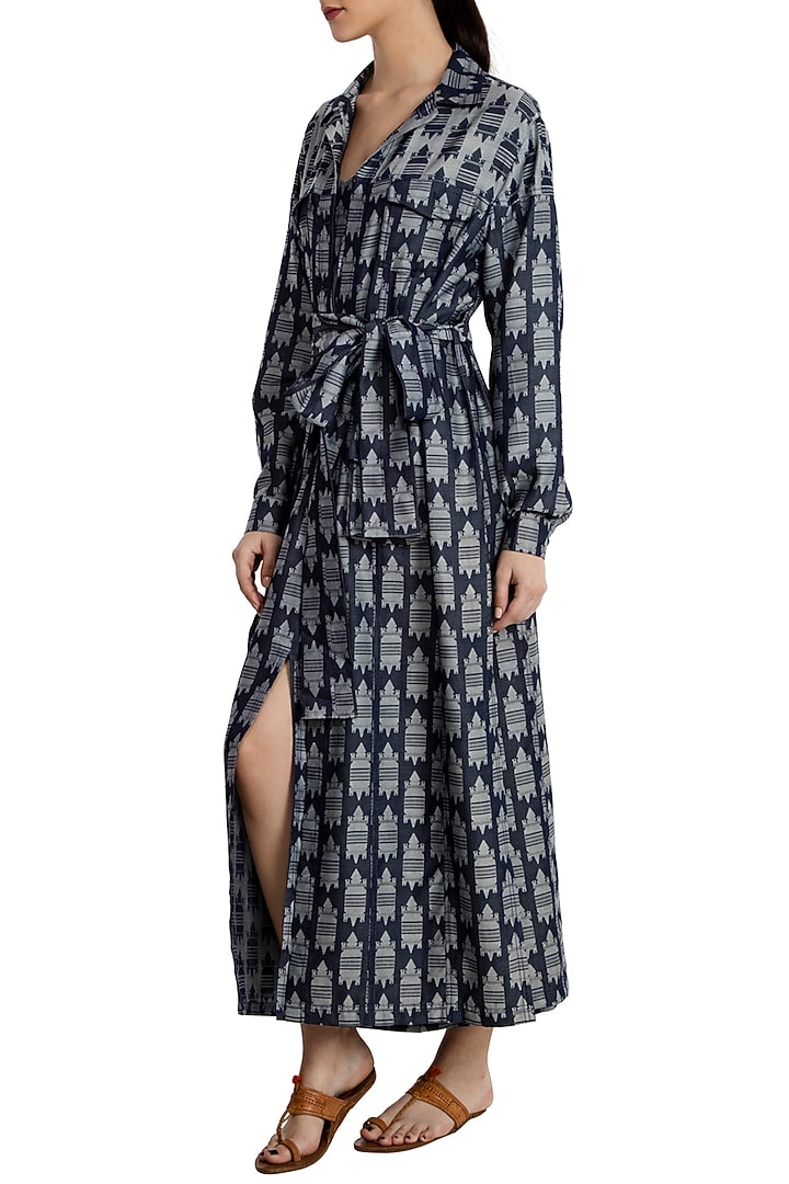 Blue nile croc print trench jacket available only at Pernia's Pop Up Shop.