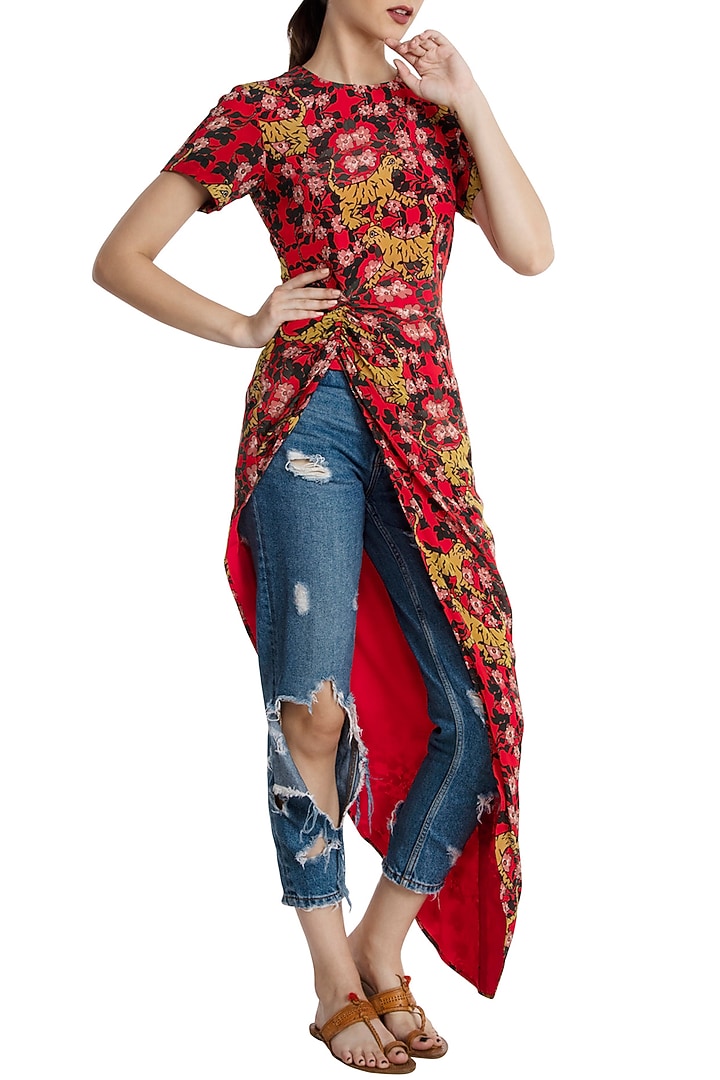 Red tiger lily asymmetric top available only at Pernia's Pop Up Shop.