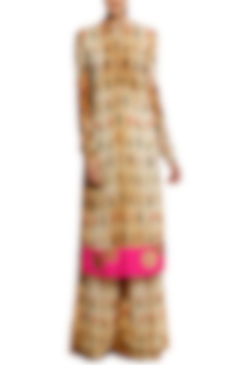 Beige burning garden print kurta with palazzo pants available only at Pernia's Pop Up Shop.