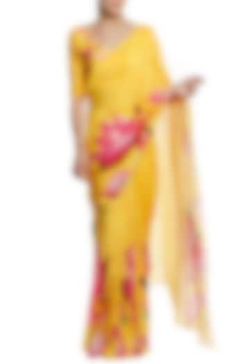 Yellow big lotus print saree with unstitched blouse piece available only at Pernia's Pop Up Shop.